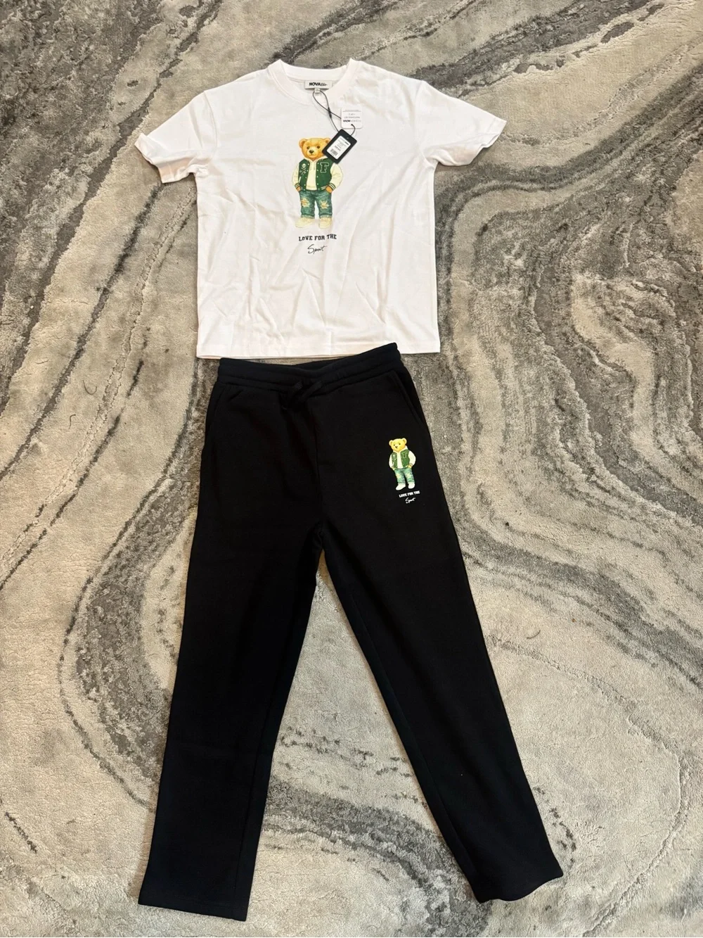 Fashion Nova Black & White Bear Graphic Kids Tee and Jogger Set